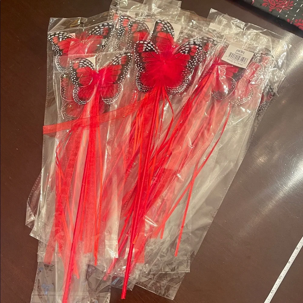 Red butterfly Fairy Wand Party Favors with Maribou and ribbons set of 20